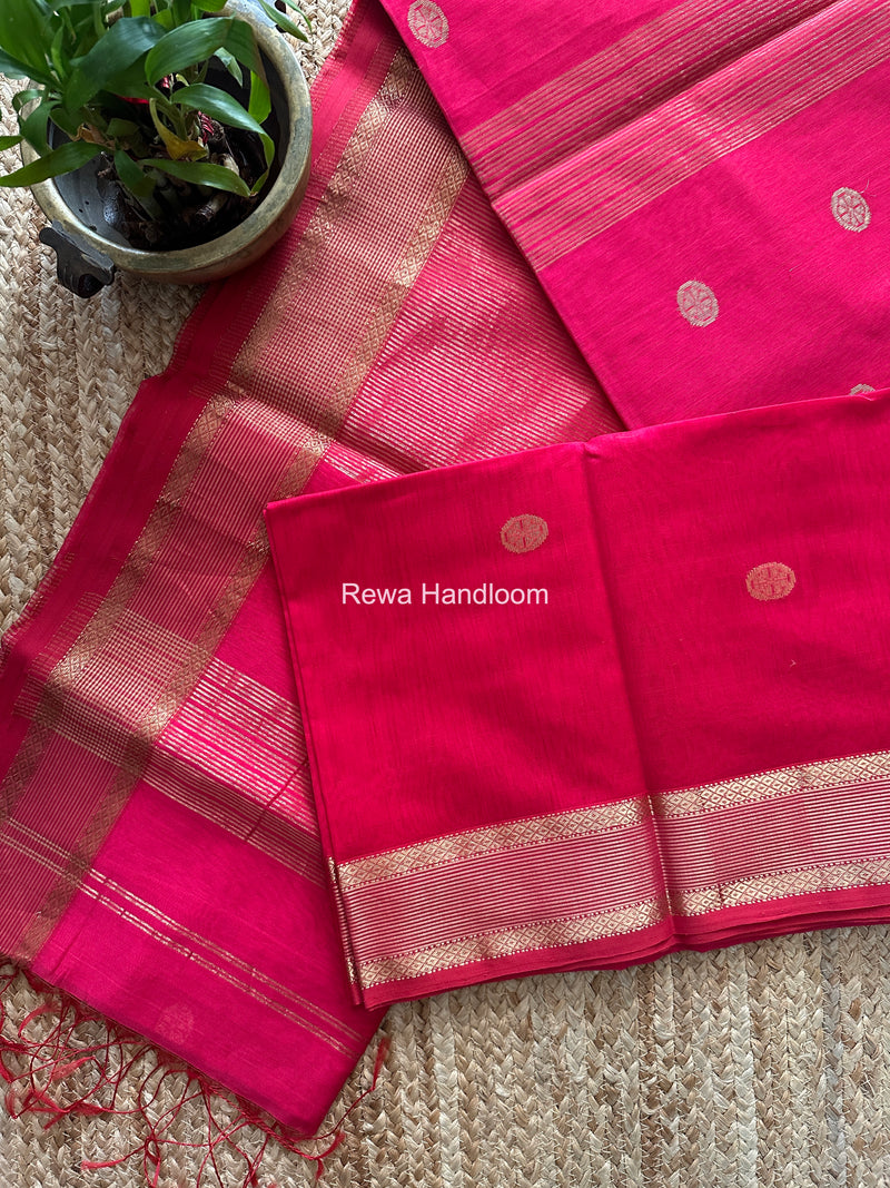 Rani Pink Coin Butta Pallu Zari Border Saree ~ Maheshwari Saree SBS-026