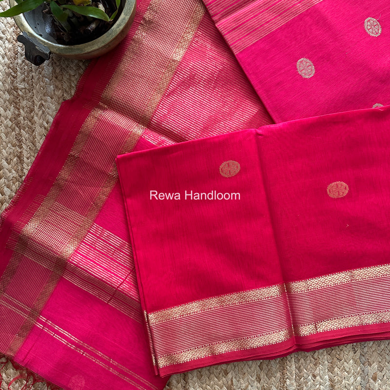 Rani Pink Coin Butta Pallu Zari Border Saree ~ Maheshwari Saree SBS-026