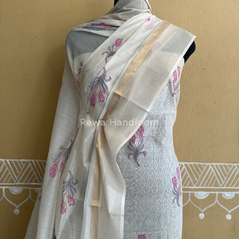 Maheshwari White Handblock Print Top-Dupatta HBS0121