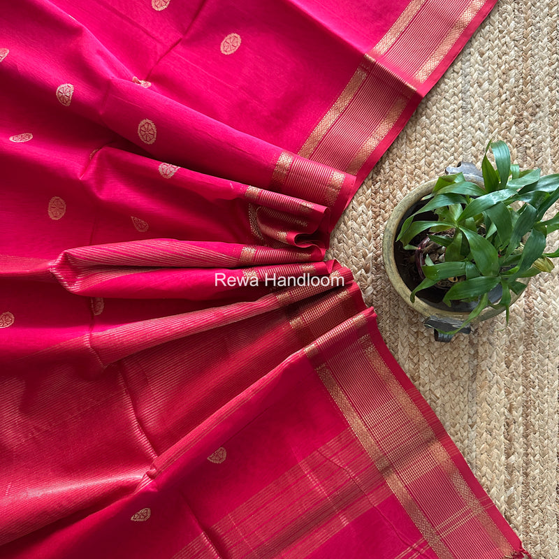 Rani Pink Coin Butta Pallu Zari Border Saree ~ Maheshwari Saree SBS-026