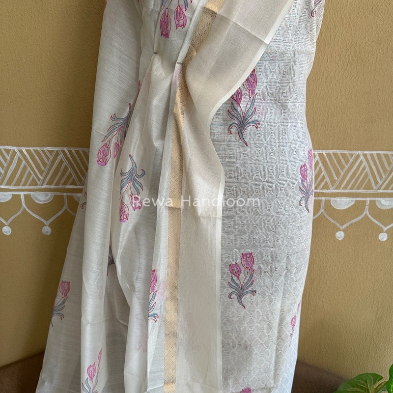 Maheshwari White Handblock Print Top-Dupatta HBS0121