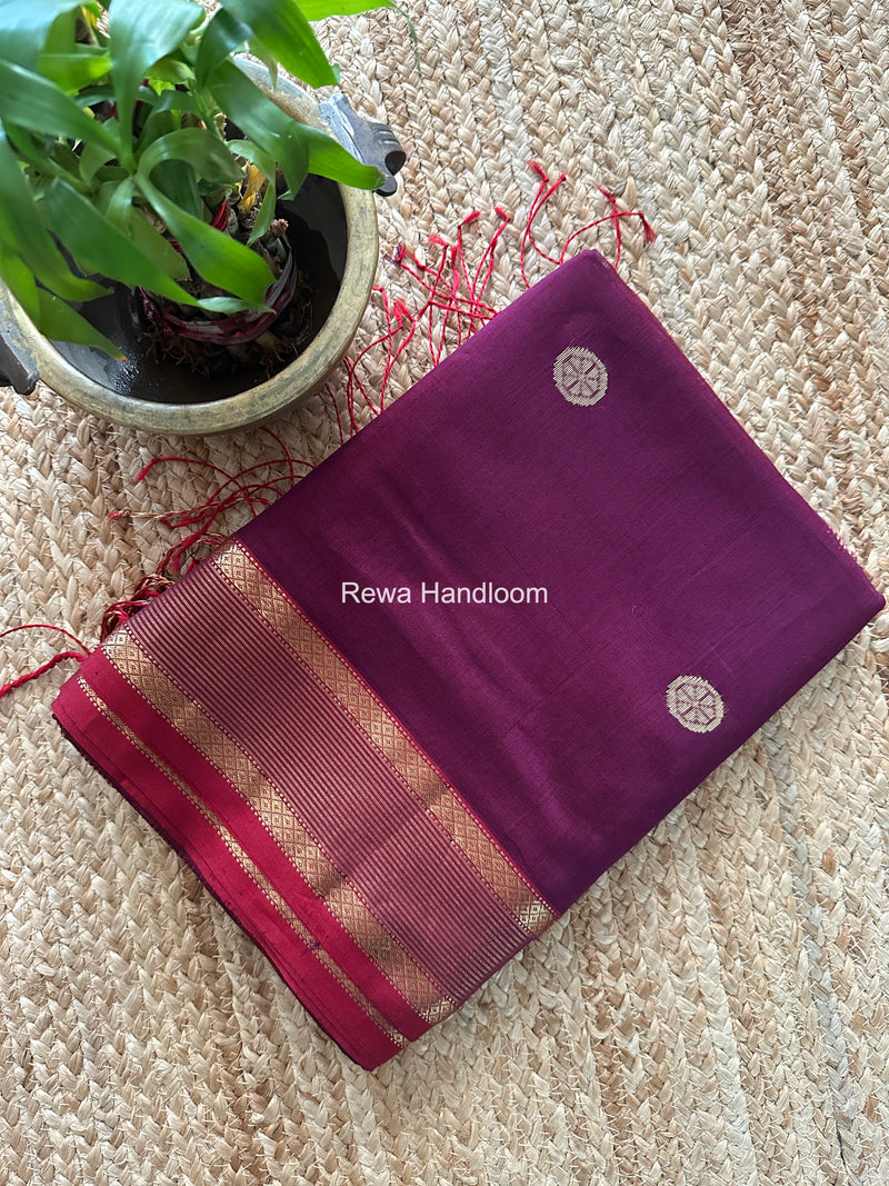 Dark Purple Coin Butta Pallu Zari Border Saree ~ Maheshwari Saree SBS-024
