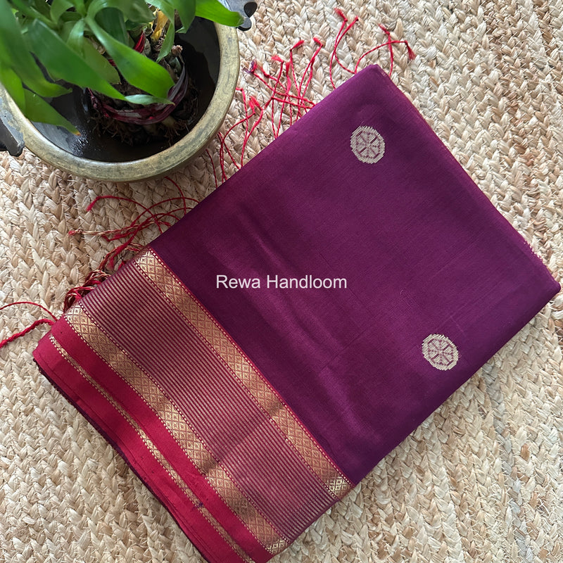 Dark Purple Coin Butta Pallu Zari Border Saree ~ Maheshwari Saree SBS-024