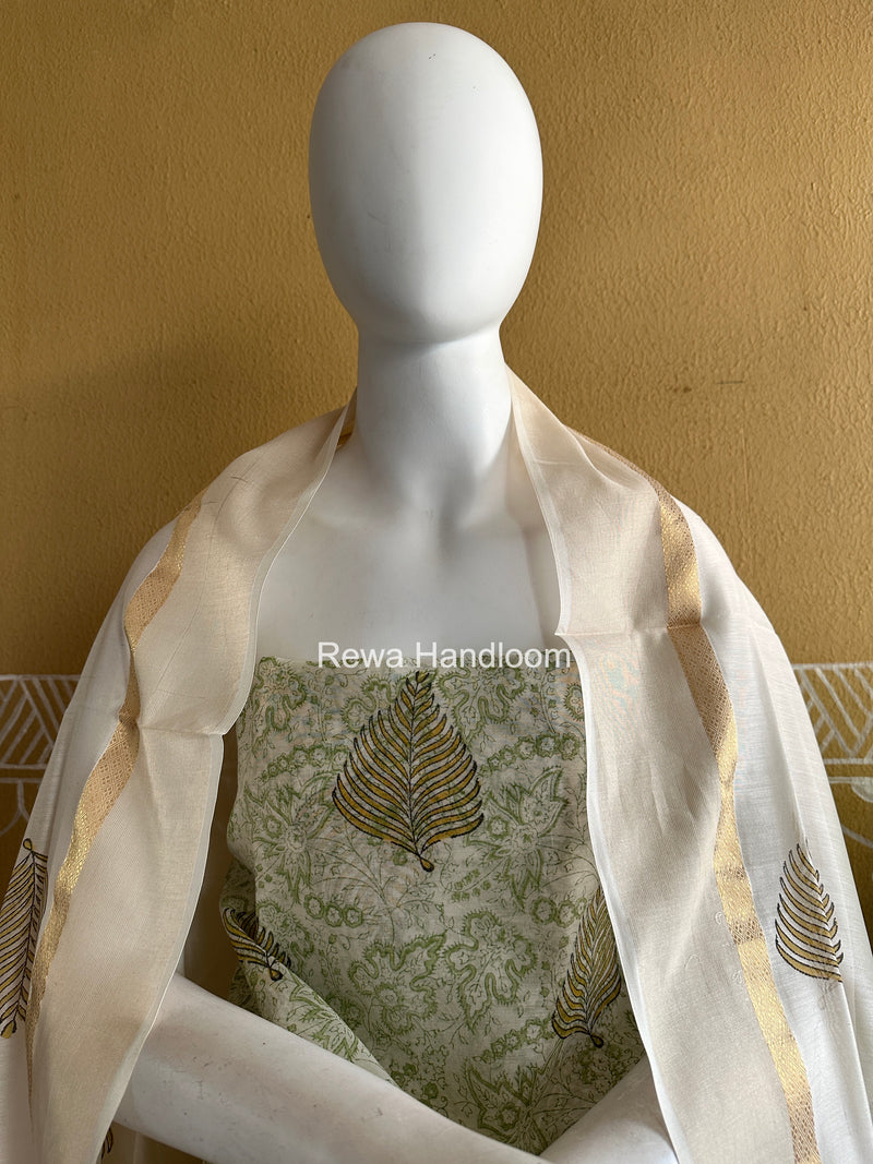 Maheshwari White Handblock Print Top-Dupatta HBS0134