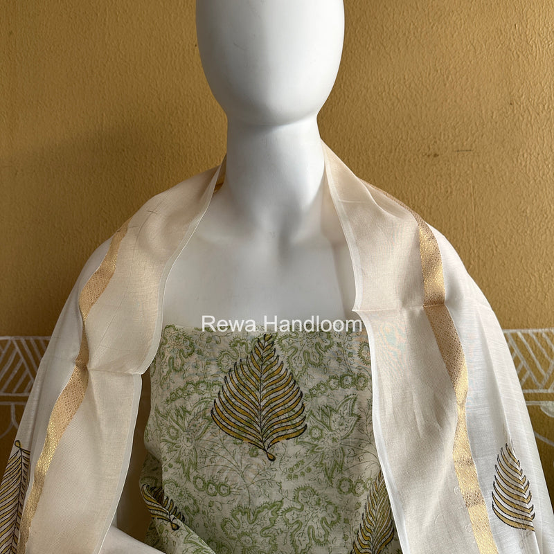 Maheshwari White Handblock Print Top-Dupatta HBS0134