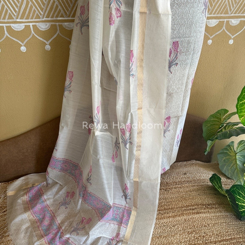 Maheshwari White Handblock Print Top-Dupatta HBS0121