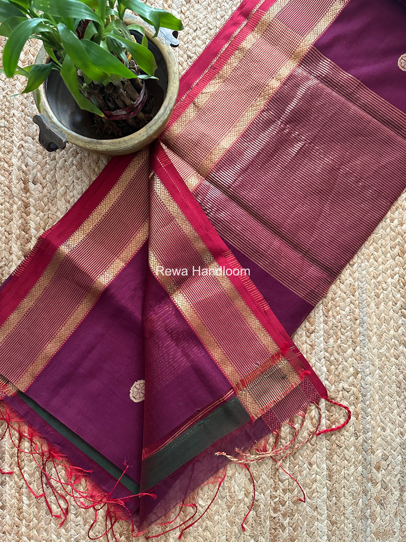 Dark Purple Coin Butta Pallu Zari Border Saree ~ Maheshwari Saree SBS-024