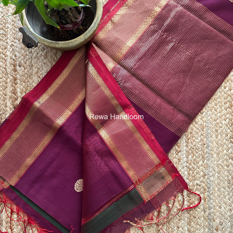 Dark Purple Coin Butta Pallu Zari Border Saree ~ Maheshwari Saree SBS-024