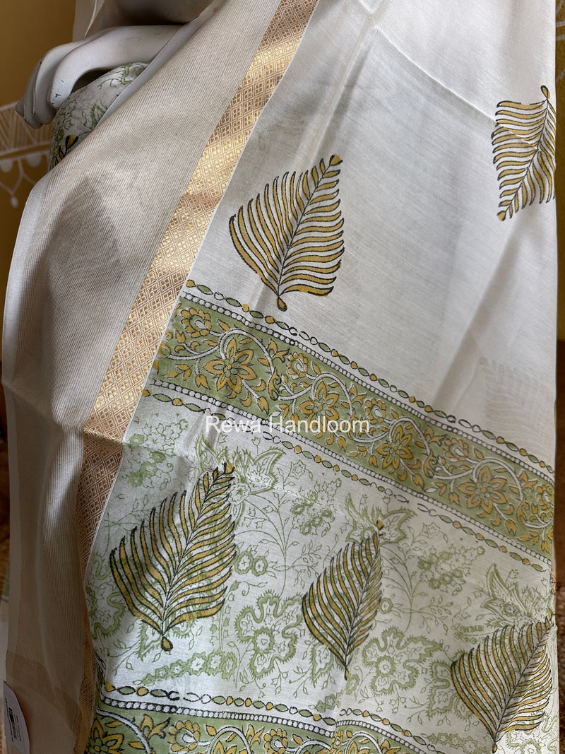 Maheshwari White Handblock Print Top-Dupatta HBS0134