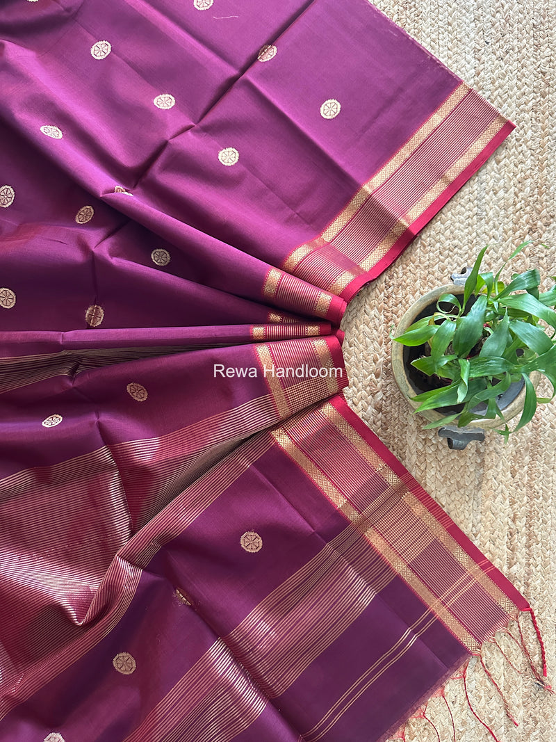 Dark Purple Coin Butta Pallu Zari Border Saree ~ Maheshwari Saree SBS-024