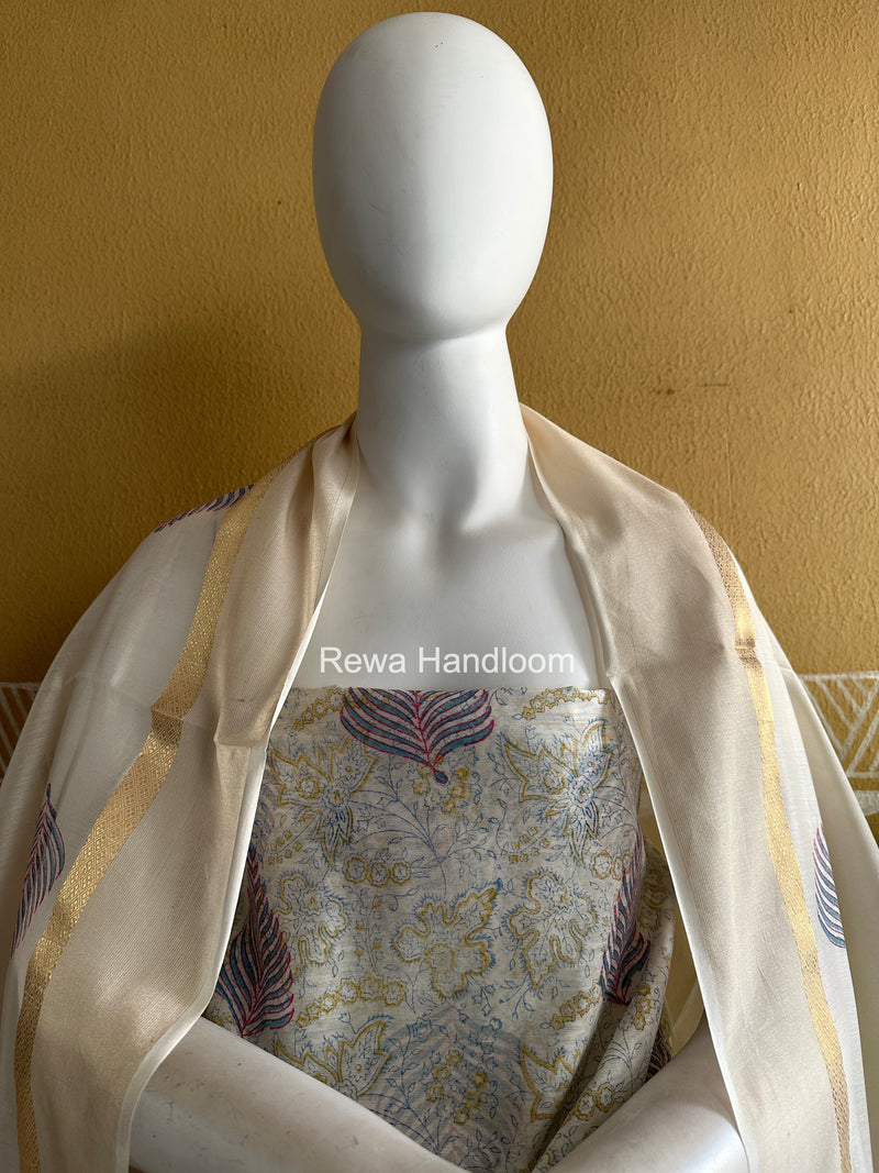 Maheshwari White Handblock Print Top-Dupatta HBS0132
