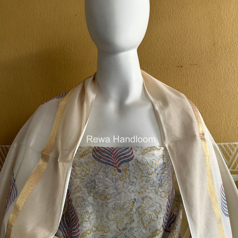 Maheshwari White Handblock Print Top-Dupatta HBS0132