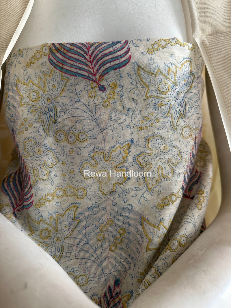 Maheshwari White Handblock Print Top-Dupatta HBS0132