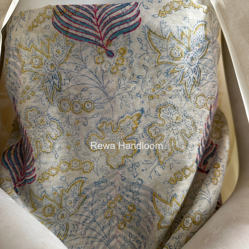 Maheshwari White Handblock Print Top-Dupatta HBS0132