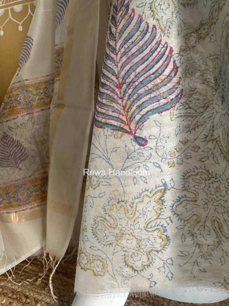 Maheshwari White Handblock Print Top-Dupatta HBS0132