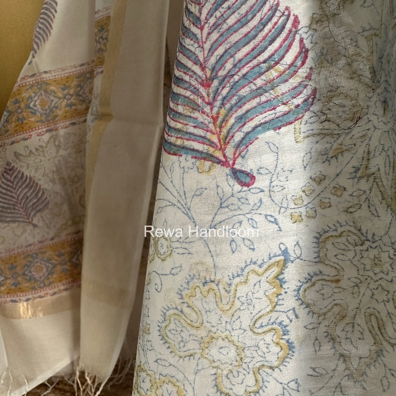 Maheshwari White Handblock Print Top-Dupatta HBS0132