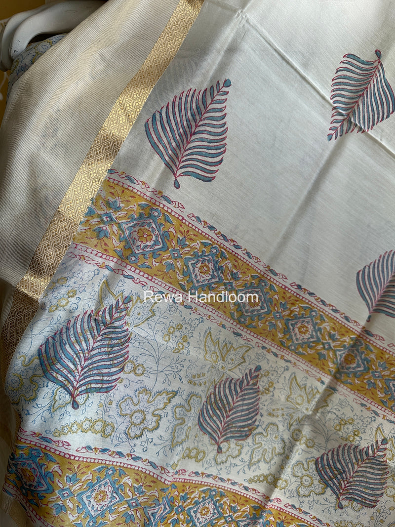 Maheshwari White Handblock Print Top-Dupatta HBS0132
