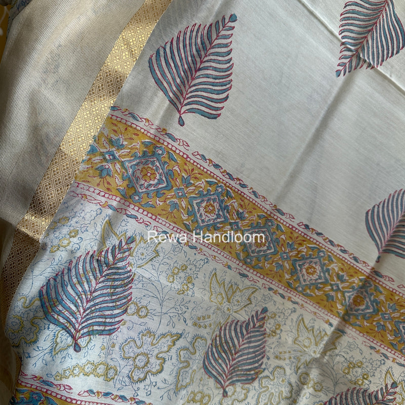 Maheshwari White Handblock Print Top-Dupatta HBS0132