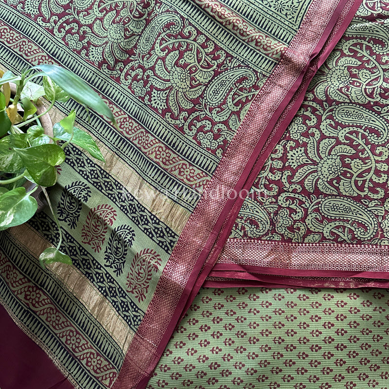 Maheshwari Maroon-Green Bagh Print Suit- BSP027