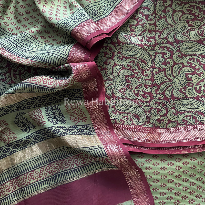 Maheshwari Maroon-Green Bagh Print Suit- BSP027