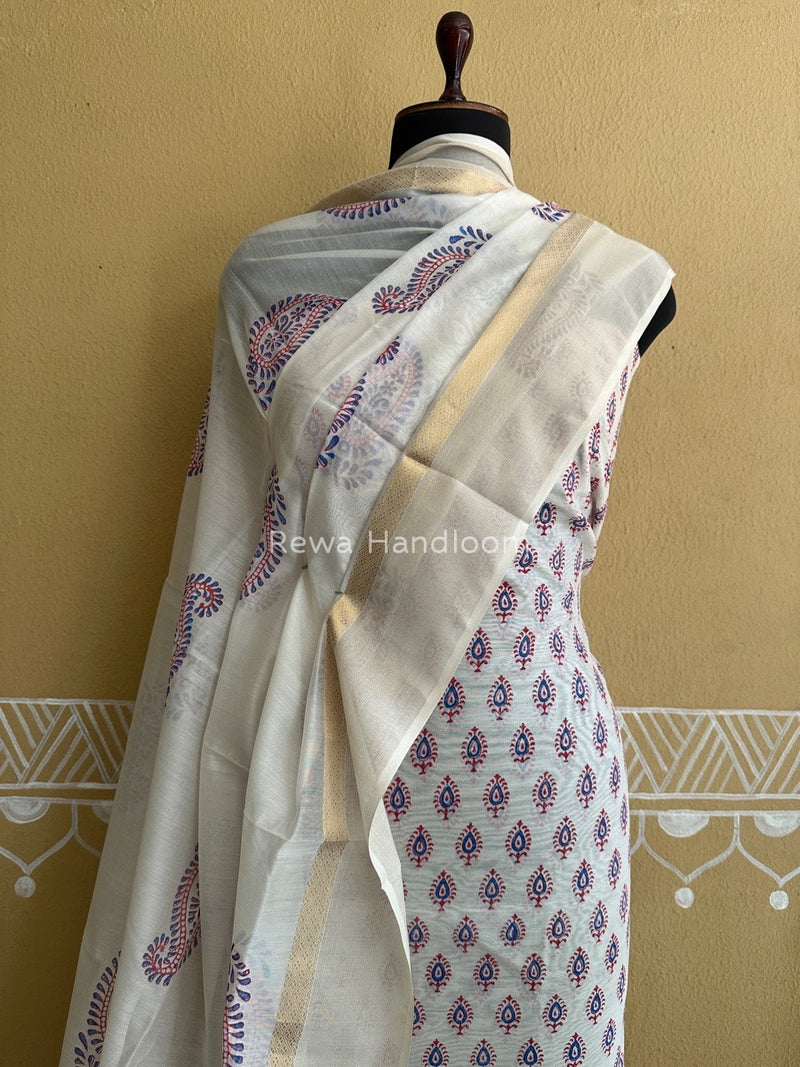 Maheshwari White Handblock Print Top-Dupatta HBS0117