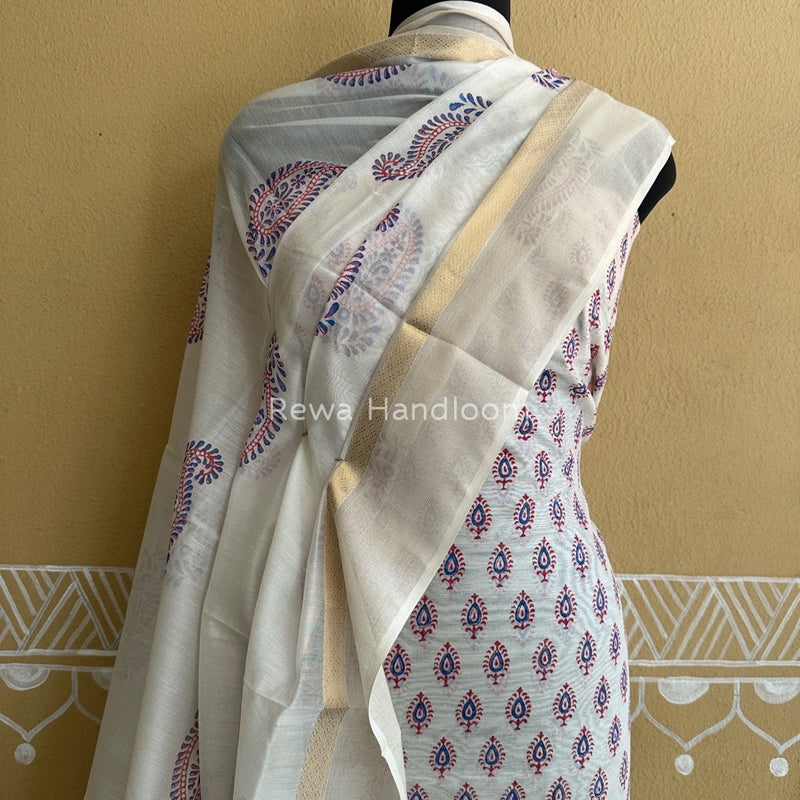 Maheshwari White Handblock Print Top-Dupatta HBS0117