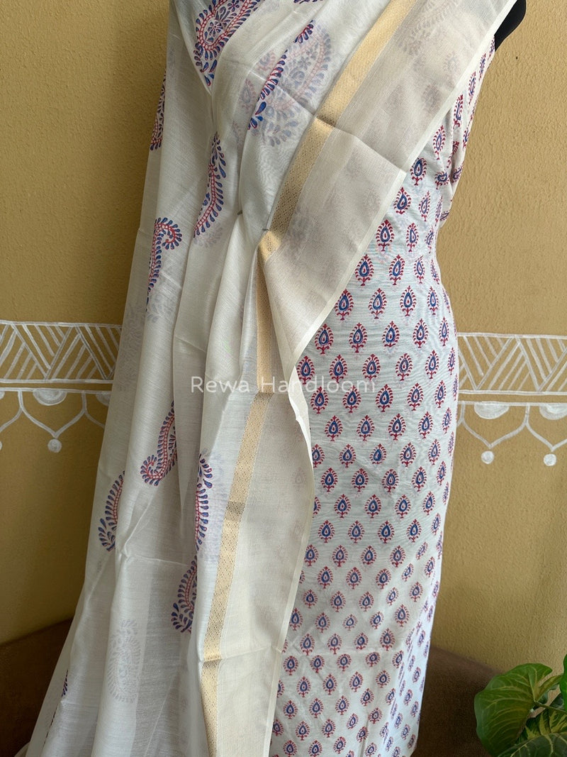 Maheshwari White Handblock Print Top-Dupatta HBS0117