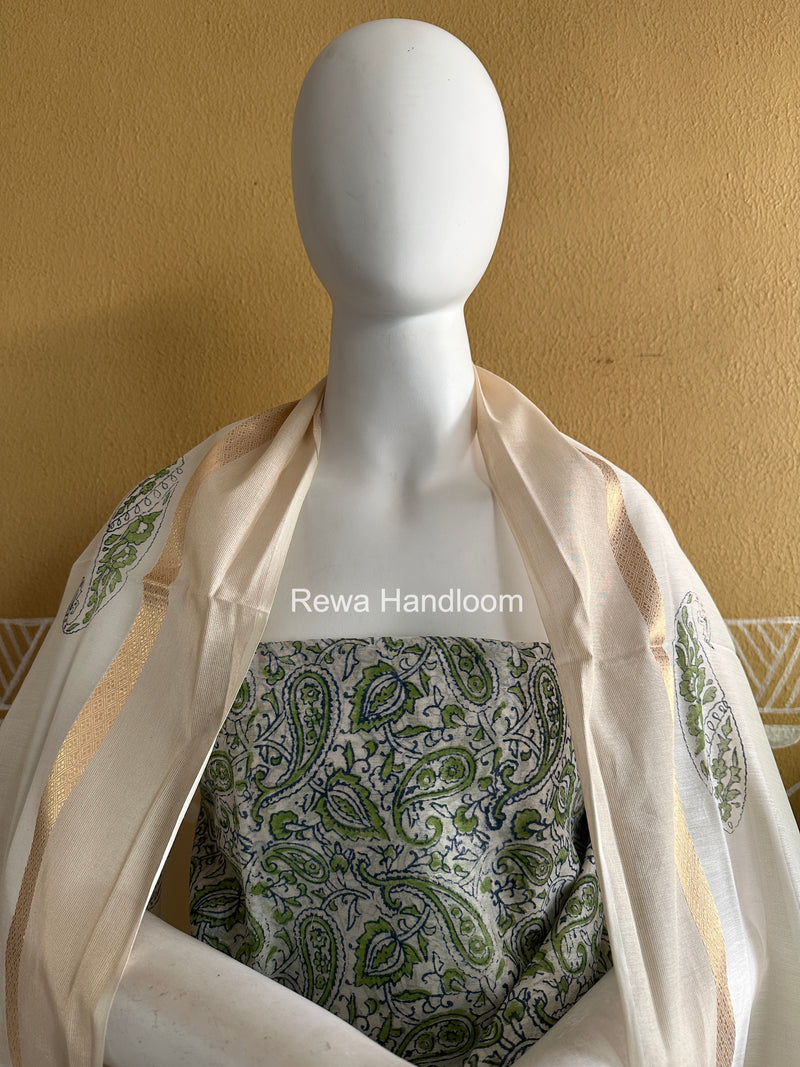Maheshwari White Handblock Print Top-Dupatta HBS0148