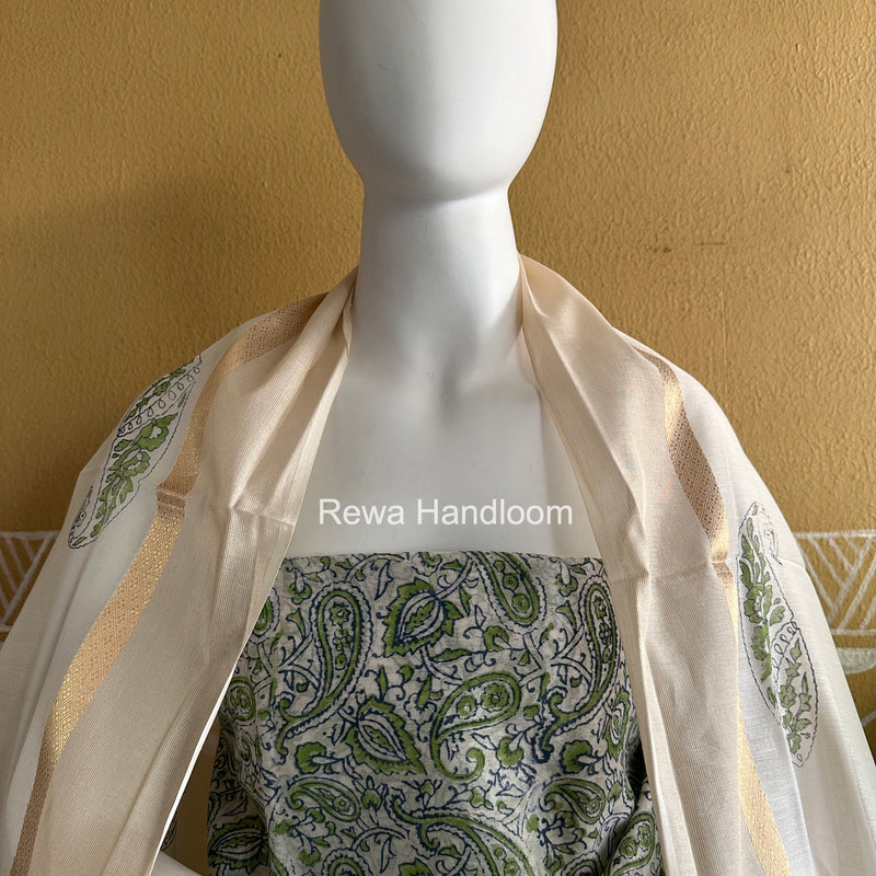 Maheshwari White Handblock Print Top-Dupatta HBS0148