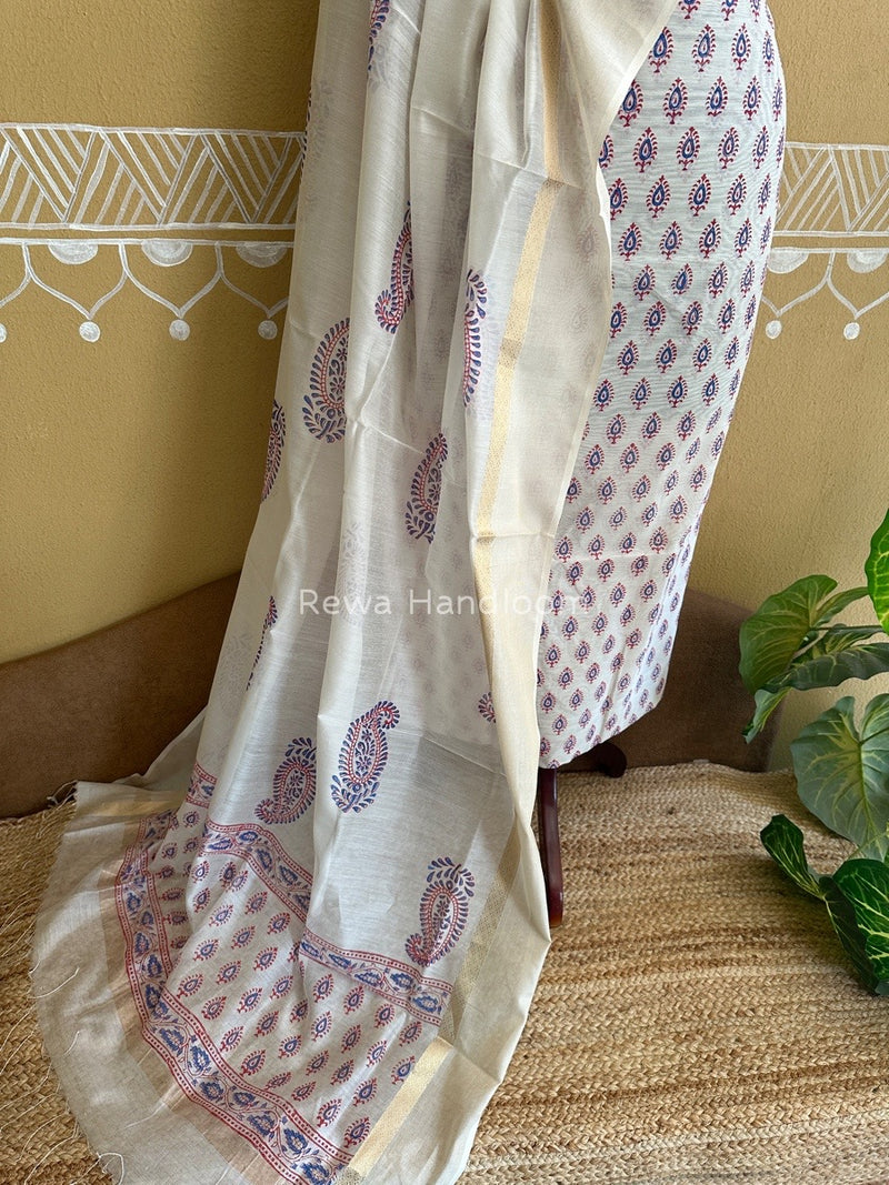 Maheshwari White Handblock Print Top-Dupatta HBS0117