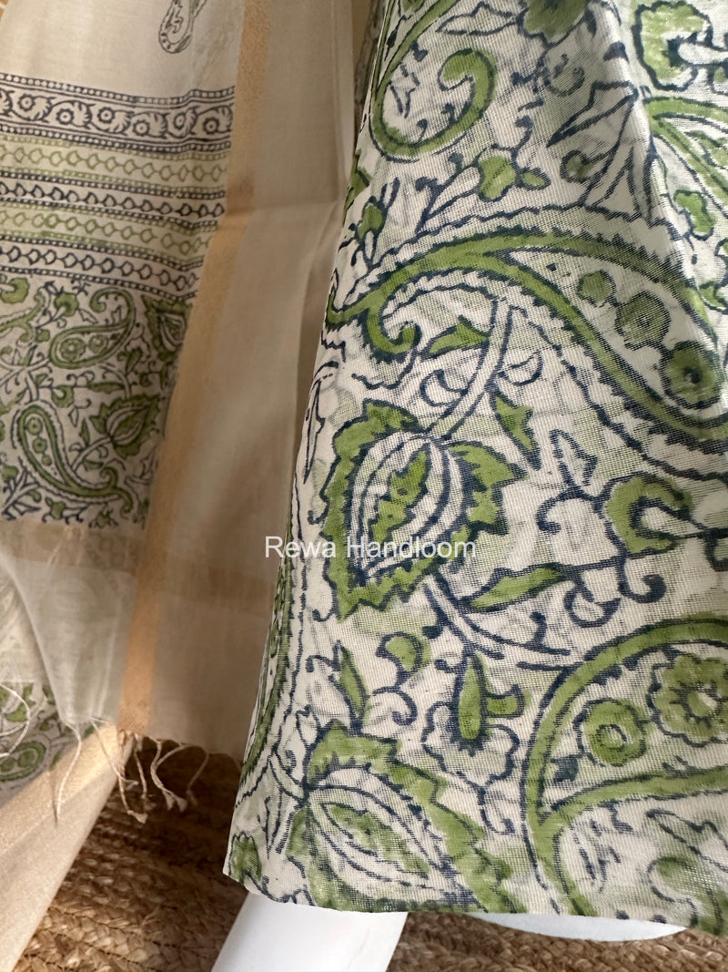 Maheshwari White Handblock Print Top-Dupatta HBS0148