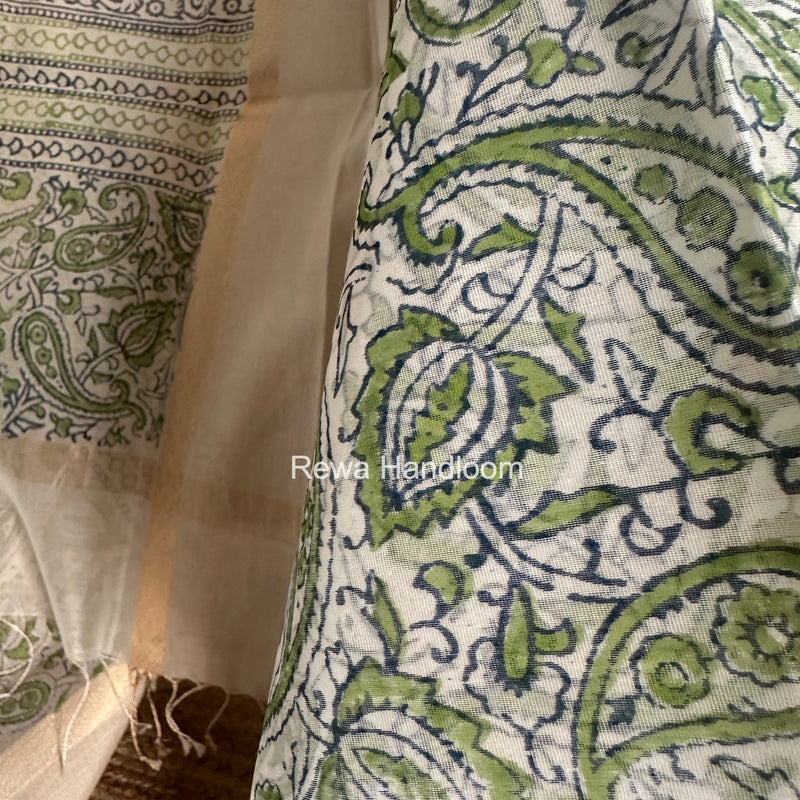 Maheshwari White Handblock Print Top-Dupatta HBS0148