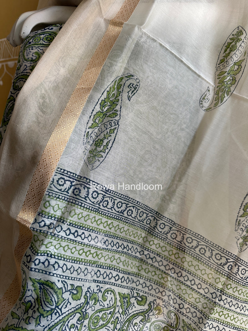 Maheshwari White Handblock Print Top-Dupatta HBS0148