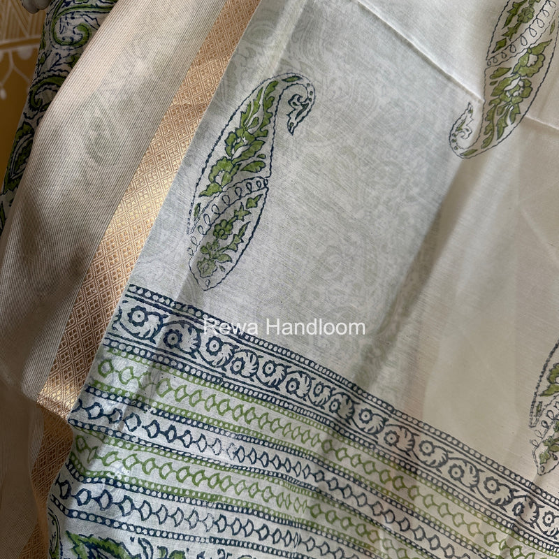 Maheshwari White Handblock Print Top-Dupatta HBS0148
