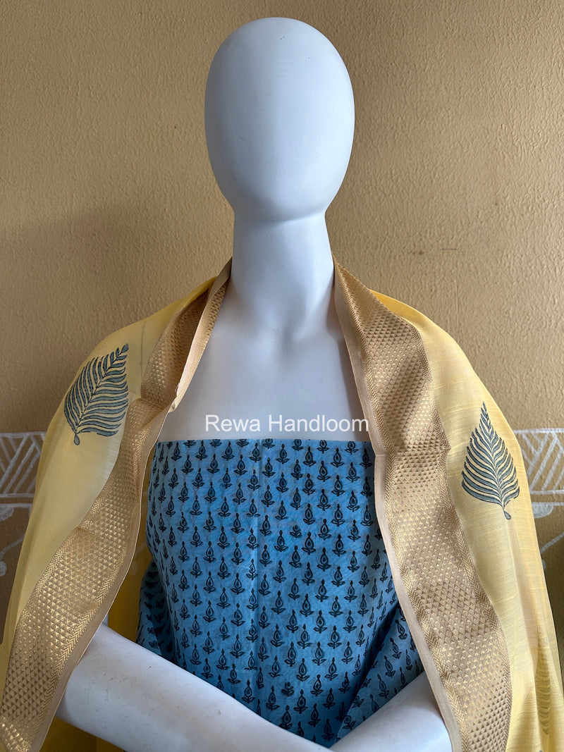 Maheshwari Sky Blue-Yellow Handblock Print Top-Dupatta HBS054