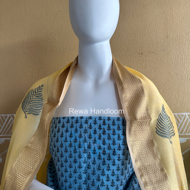 Maheshwari Sky Blue-Yellow Handblock Print Top-Dupatta HBS054