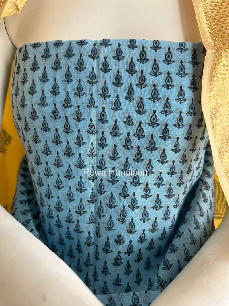 Maheshwari Sky Blue-Yellow Handblock Print Top-Dupatta HBS054