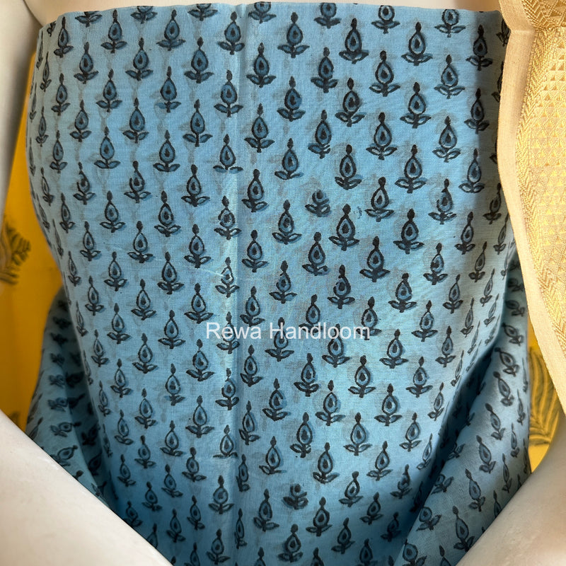 Maheshwari Sky Blue-Yellow Handblock Print Top-Dupatta HBS054
