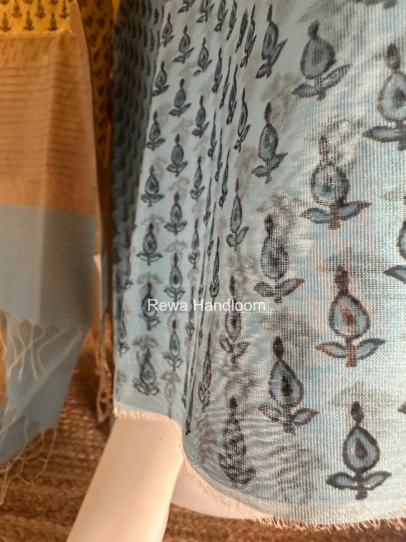 Maheshwari Sky Blue-Yellow Handblock Print Top-Dupatta HBS054
