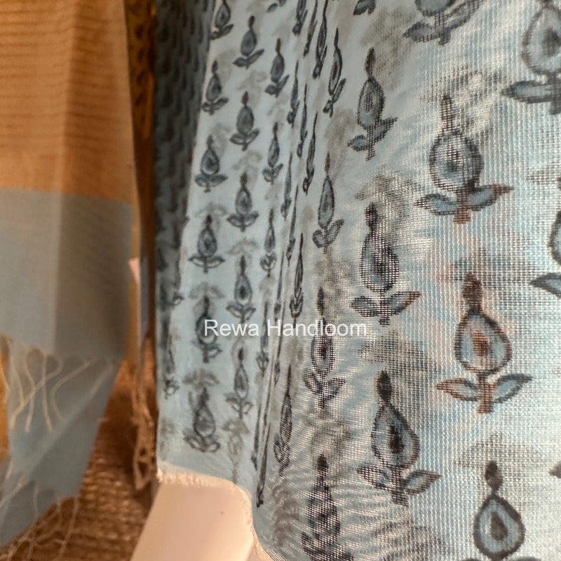 Maheshwari Sky Blue-Yellow Handblock Print Top-Dupatta HBS054