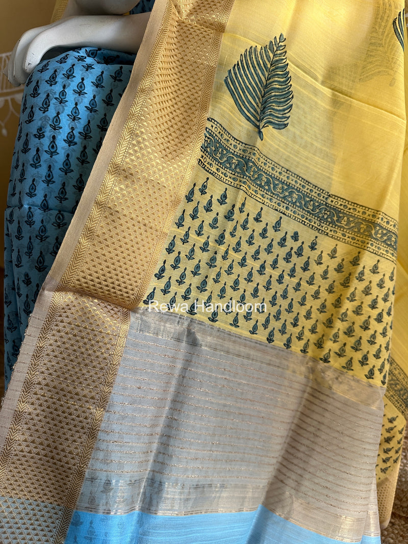 Maheshwari Sky Blue-Yellow Handblock Print Top-Dupatta HBS054