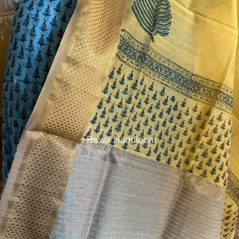 Maheshwari Sky Blue-Yellow Handblock Print Top-Dupatta HBS054
