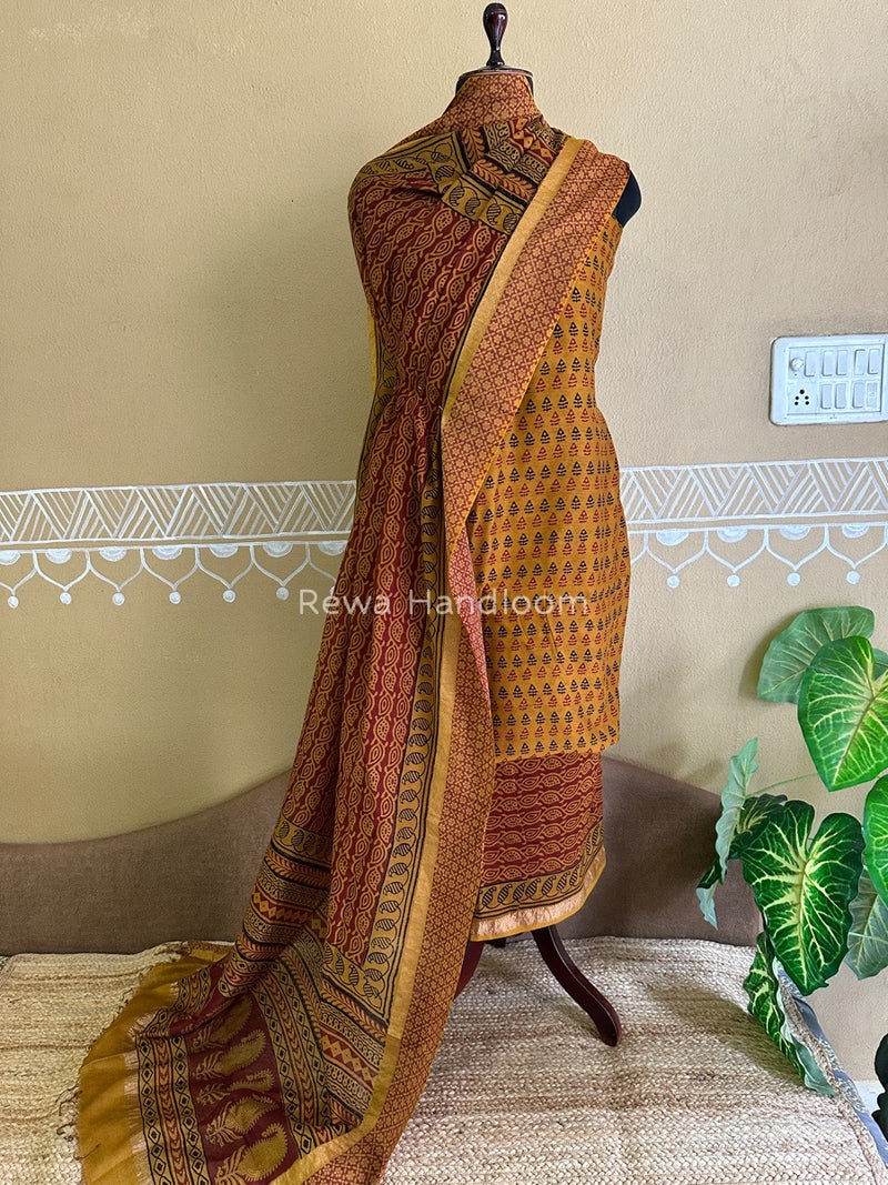 Maheshwari Mustard Yellow Bagh Print Suit BSP0144