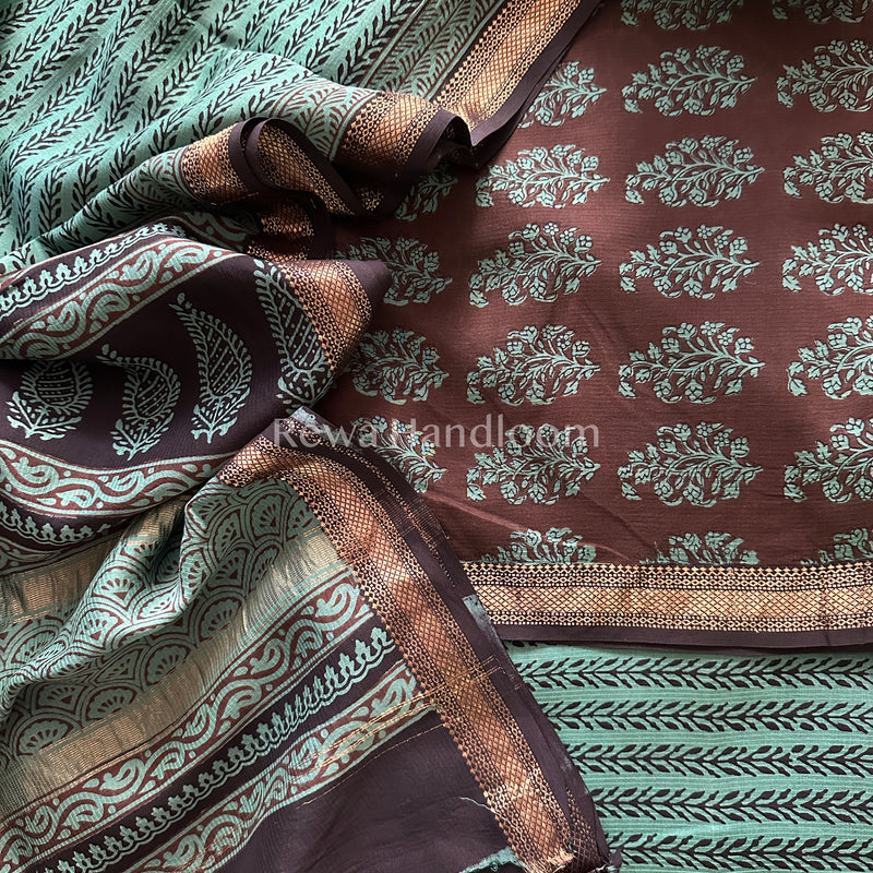 Maheshwari Maroon-Sea Green Bagh Print Suit- BSP030