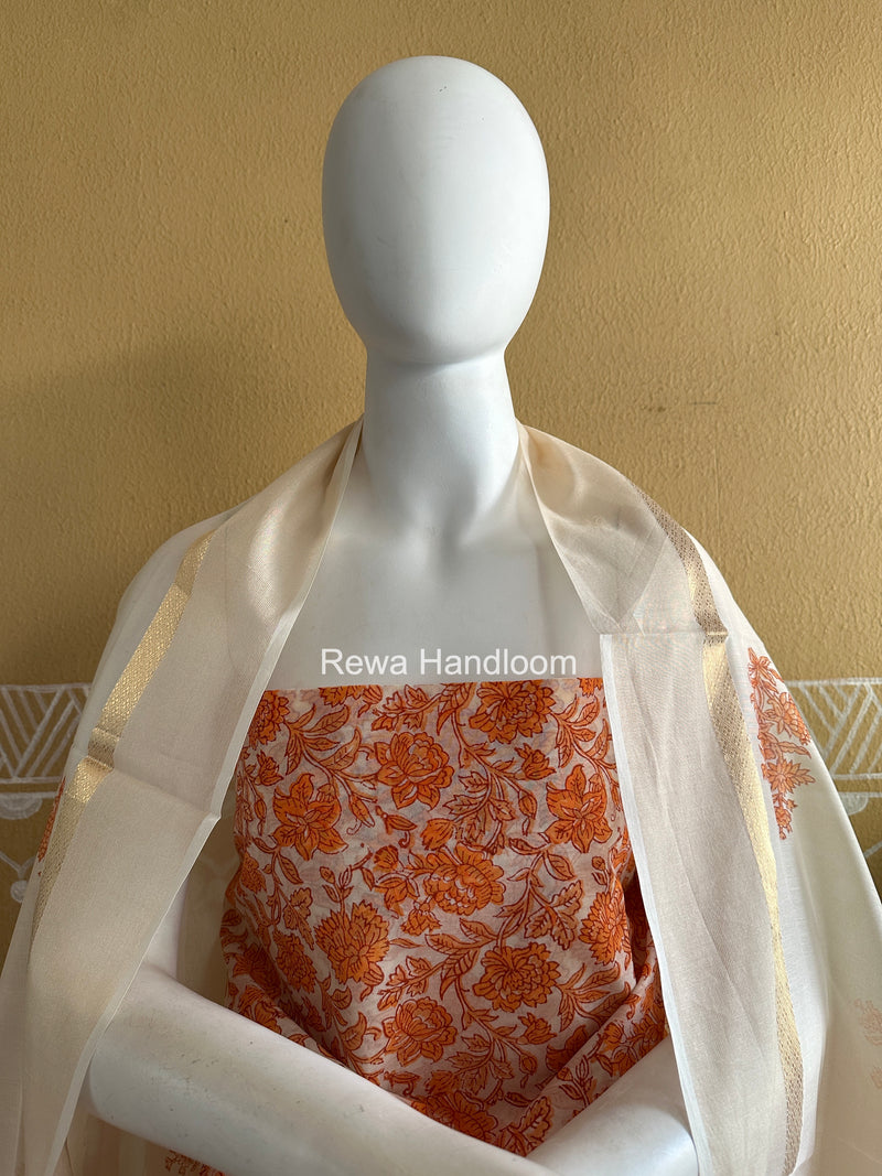 Maheshwari Orange Handblock Print Top-Dupatta HBS0152