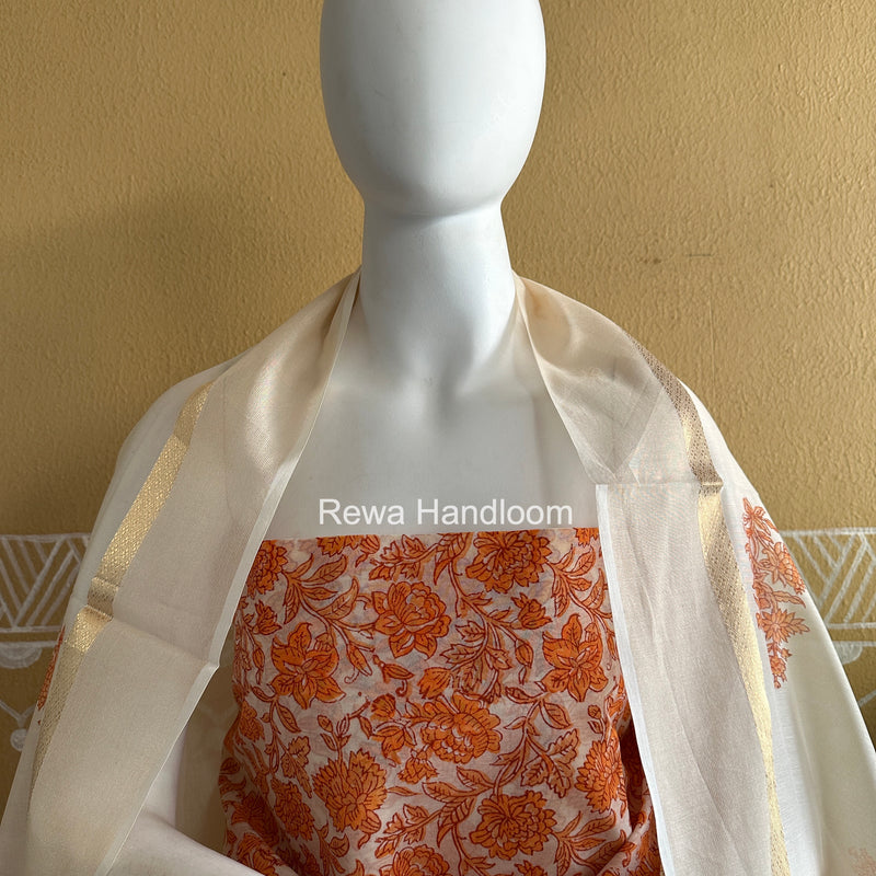 Maheshwari Orange Handblock Print Top-Dupatta HBS0152