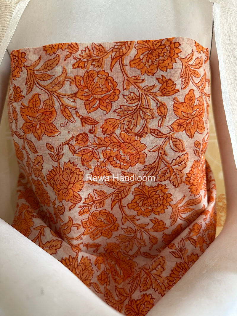 Maheshwari Orange Handblock Print Top-Dupatta HBS0152