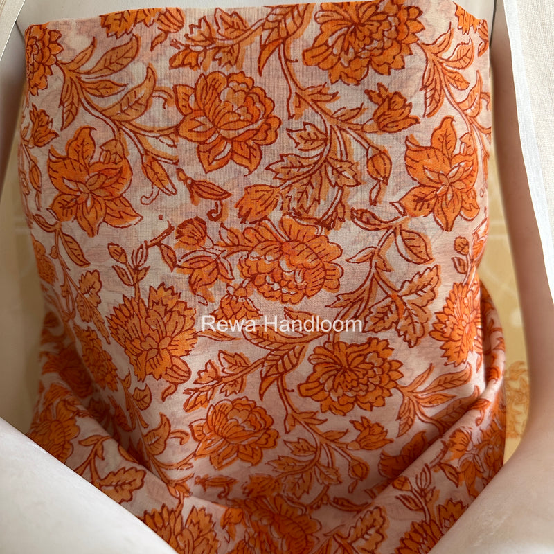 Maheshwari Orange Handblock Print Top-Dupatta HBS0152