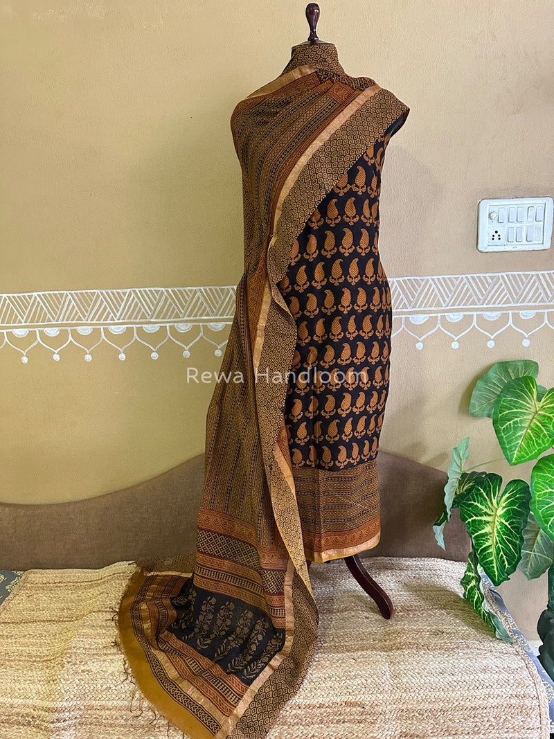 Maheshwari Black- Mustard Yellow Bagh Print Suit BSP0145