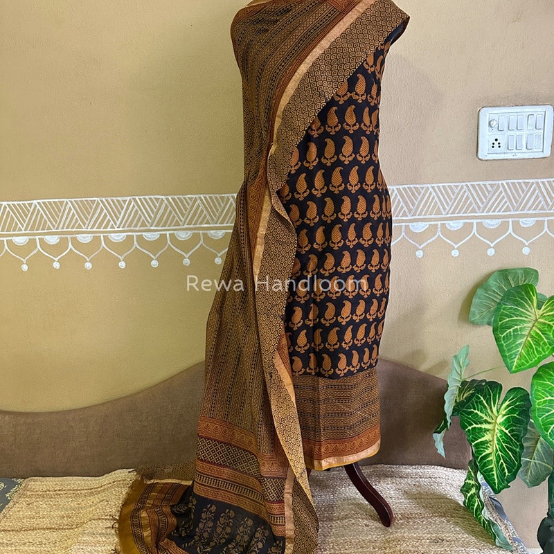 Maheshwari Black- Mustard Yellow Bagh Print Suit BSP0145